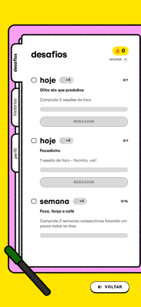 tela da desagenda, com os desafios do dia, da semana e do mês
